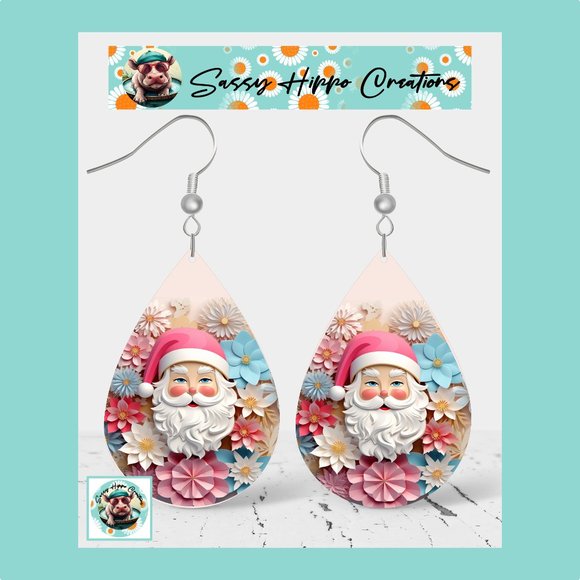 Earrings 3D Santa Claus Christmas Holidays Flowers Hand Sublimated Printed - Picture 1 of 4